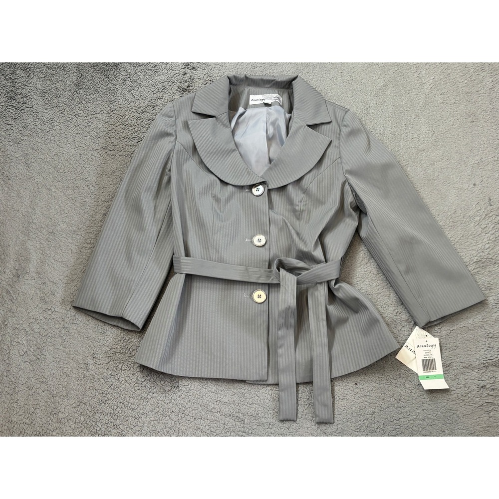 Analogy Silver Striped Belted Blazer Jacket 3/4 Sleeve Size 8 NWT YI1P18L4